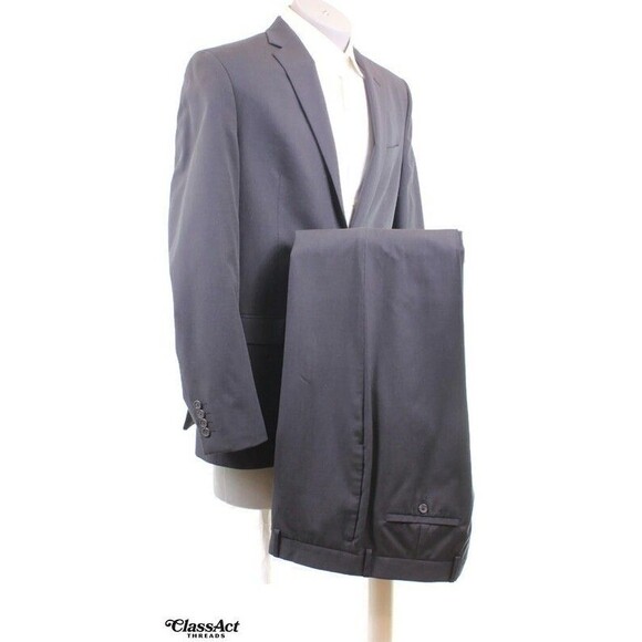 Egara 2 Piece Suit Slim Fit Blue 2 Btn Wool Blend 42L Flat Front 36" Waist - Picture 1 of 11